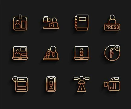 Set line Information, Mobile recording, Journalist id card, Satellite, Cine.. Stock Illustration