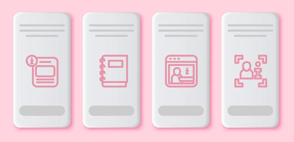 Set line Information, Notebook, and Television report. White rectangle button 스톡 일러스트