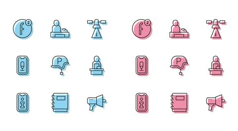 Set line Information, Notebook, Create account, Megaphone, War journalist, .. Stock Illustration