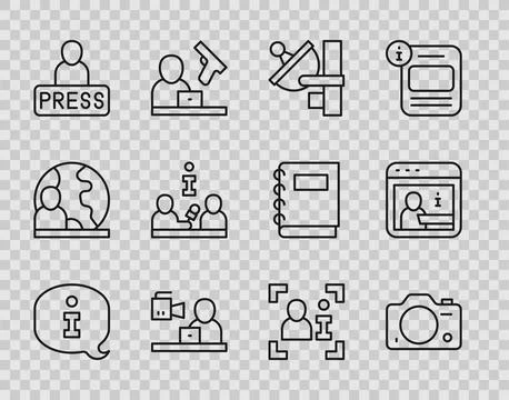 Set line Information, Photo camera, Radar, Breaking news, Journalist, Interview Illustrazione stock