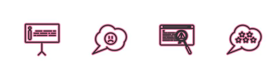 Set line Information, System bug concept, Speech bubble with sad smile and Fi Illustrazione stock