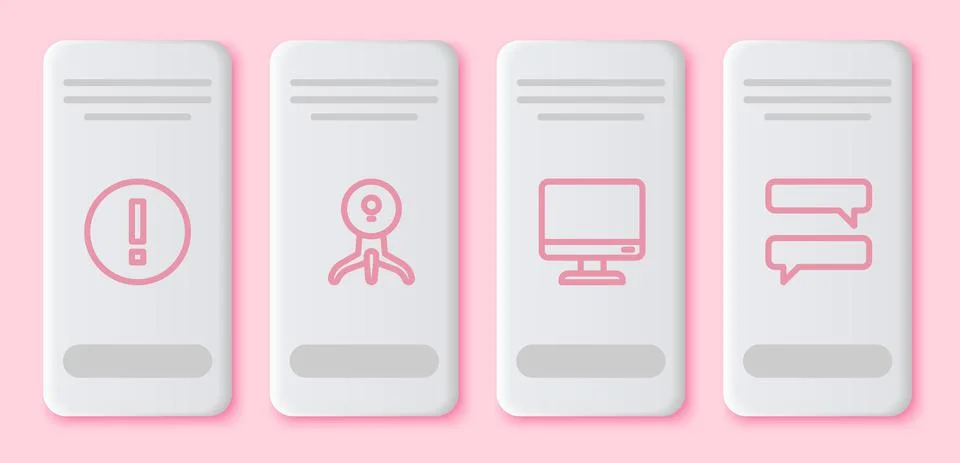 Set line Information, Web camera, Computer monitor screen and Speech bubble chat Illustrazione stock