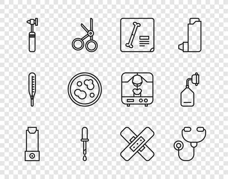 Set line Inhaler, Stethoscope, X-ray shots, Pipette, Medical otoscope tool,.. Ilustração Stock