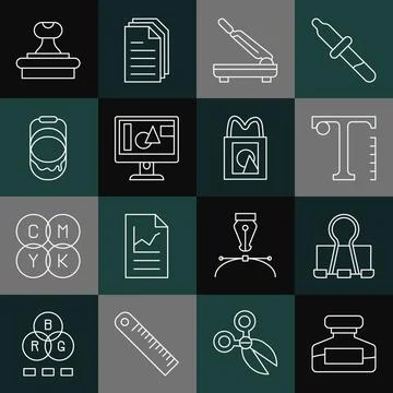 Set line Ink bottle, Binder clip, Text, Paper cutter, Computer monitor screen Stock-Illustration