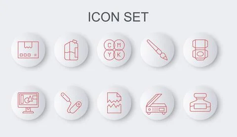 Set line Ink bottle, Computer monitor screen, CMYK color mixing, Scanner, Carton Stock Illustration