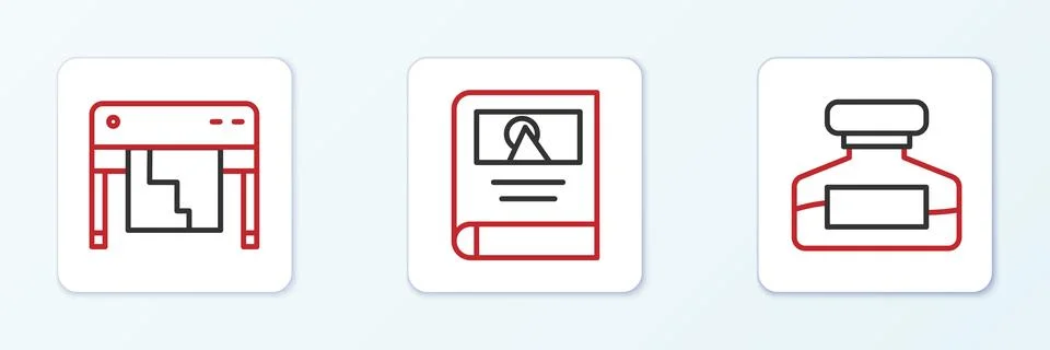 Set line Ink bottle, Plotter and Photo album gallery icon. Vector Stock Illustration