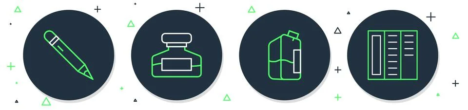 Set line Ink bottle, Printer ink, Pencil with eraser and Brochure icon. Vector Stock Illustration