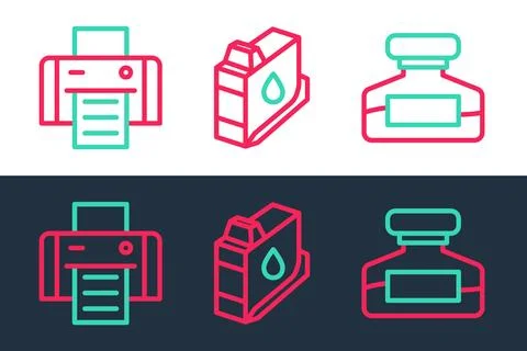 Set line Ink bottle, Printer and ink cartridge icon. Vector Illustrazione stock