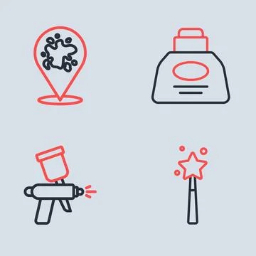 Set line Inkwell, Paint spray gun, Magic wand and  icon. Vector Stock Illustration