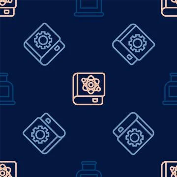 Set line Inkwell, User manual and Book about physics on seamless pattern. Vector Stock Illustration