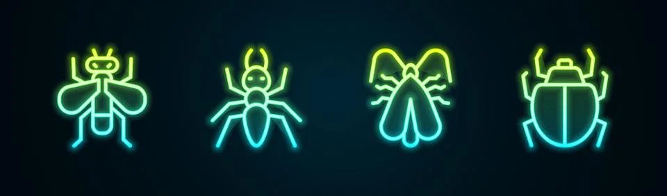 Set line Insect fly, Ant, Clothes moth and Mite. Glowing neon icon. Vector Stock Illustration