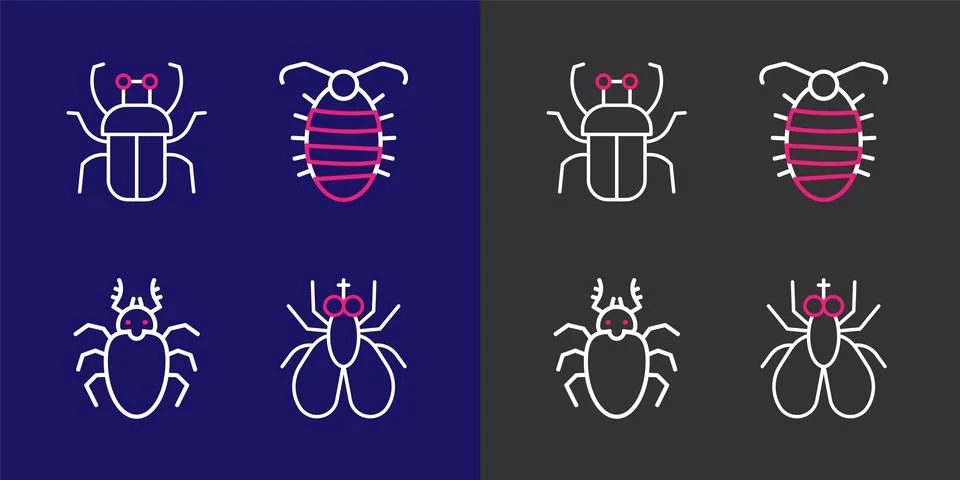Set line Insect fly, Beetle deer, Larva insect and Stink bug icon. Vector Stock Illustration