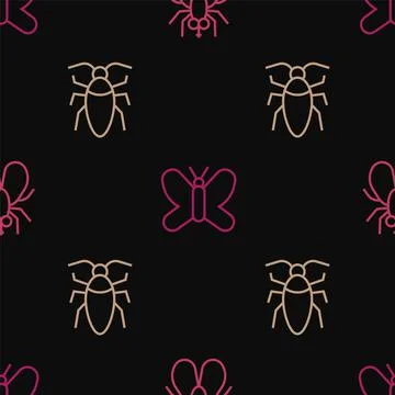 Set line Insect fly, Cockroach and Butterfly on seamless pattern. Vector Illustrazione stock