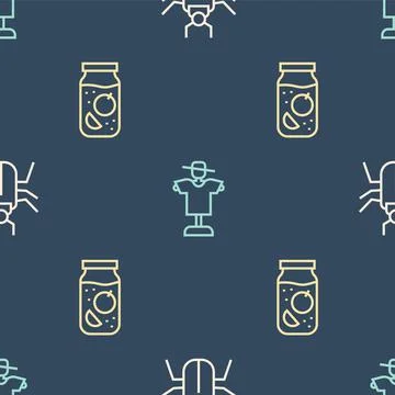 Set line Insect fly, Jam jar and Scarecrow on seamless pattern. Vector Illustrazione stock