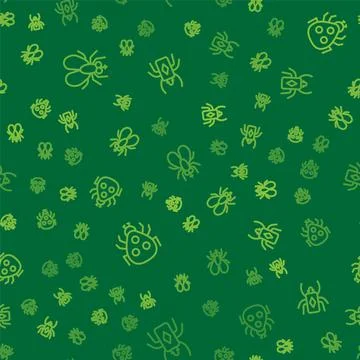 Set line Insect fly, Ladybug and Beetle on seamless pattern. Vector Stock Illustration