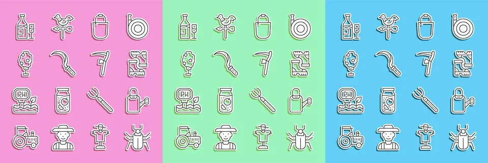 Set line Insect fly, Watering can, Waterproof rubber boot, Bucket, Sickle, Tree Illustrazione stock