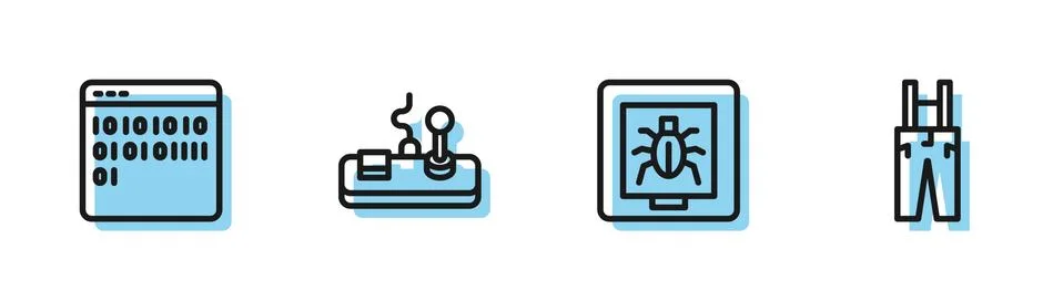 Set line Insects in a frame, Binary code, Gamepad and Pants with suspenders icon Stock Illustration