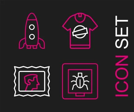 Set line Insects in a frame, Postal stamp, T-shirt and Rocket ship icon. Vect Stock-Illustration