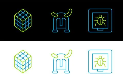 Set line Insects in a frame, Rubik cube and Viking horned helmet icon. Vector Stock Illustration