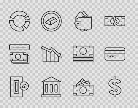 Set line Inserting coin, Dollar symbol, Wallet with money, Bank building, Pie Ilustración de archivo
