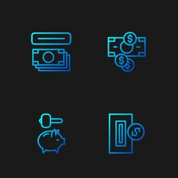 Set line Inserting coin, Piggy bank and hammer, ATM money and Stacks paper ca Stock Illustration