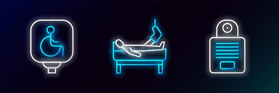 Set line Intercom, Disabled wheelchair and Patient with broken leg icon. Glowing Stock Illustration