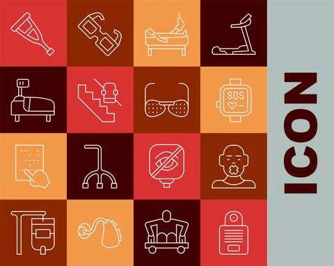 Set line Intercom, Head of deaf and dumb, Smart watch, Patient with broken leg Stock Illustration