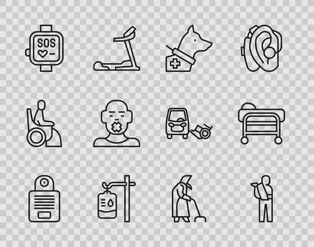 Set line Intercom, Human broken arm, Guide dog, IV bag, Smart watch, Head of Illustrazione stock