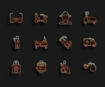 Set line Intercom, Smart watch, Blind glasses, Woman wheelchair, Hearing aid, Illustrazione stock