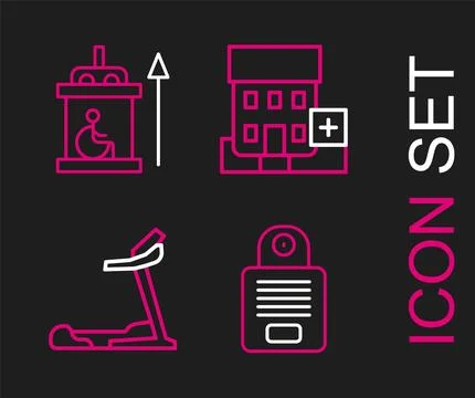 Set line Intercom, Treadmill machine, Medical hospital building and Elevato.. Ilustración de archivo