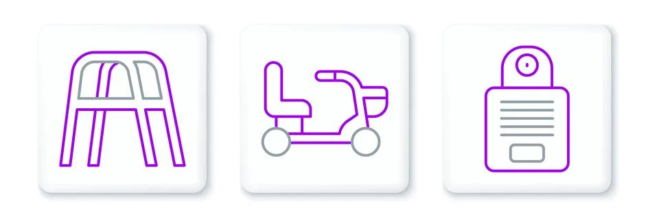 Set line Intercom, Walker and Electric wheelchair icon. Vector Illustrazione stock