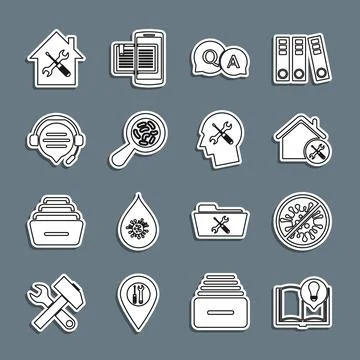 Set line Interesting facts, Stop virus, bacteria, House service, Question a.. Stock Illustration