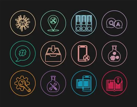 Set line Interesting facts, Test tube with virus, Office folders, Download .. Stock Illustration