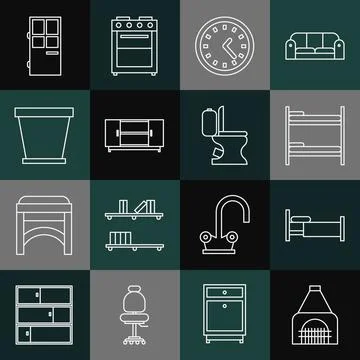 Set line Interior fireplace, Bed, Bunk bed, Clock, TV table stand, Flower pot Ilustración de archivo