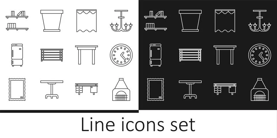 Set line Interior fireplace, Clock, Curtains, Chest of drawers, Refrigerator Stock Illustration