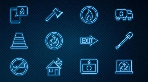 Set line Interior fireplace, Fire shovel, flame, Traffic cone, Phone with Illustration