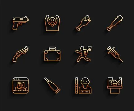 Set line Internet piracy, Bullet, Pistol or gun, Suspect criminal, Broken w.. Stock Illustration