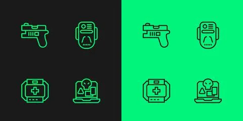 Set line Internet piracy, First aid kit, Futuristic weapon and Artificial Stock Illustration
