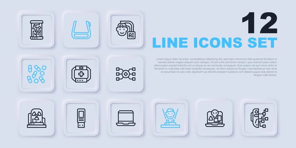 Set line Internet piracy, Humanoid robot, First aid kit, Hologram, Medical .. Stock Illustration