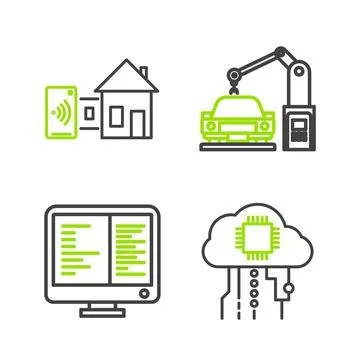 Set line Internet of things, Computer monitor screen, Industrial machine robotic Illustrazione stock
