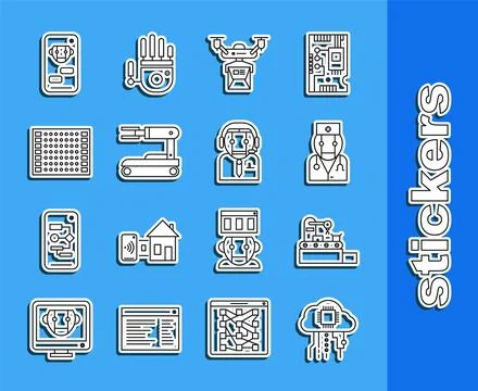 Set line Internet of things, Factory conveyor system belt, Robot doctor, Dr.. Stock Illustration