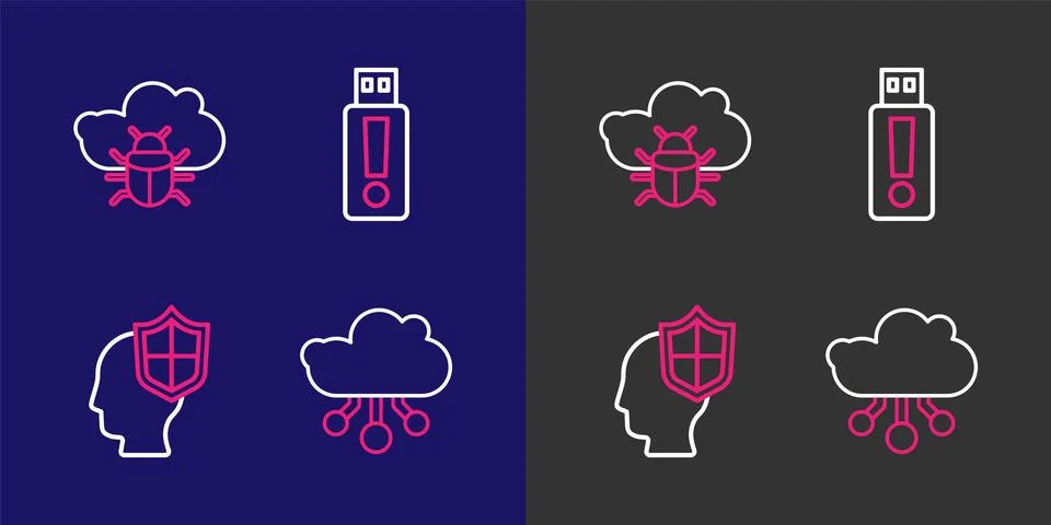 Set line Internet of things, Head with shield, USB flash drive and System b.. Stock Illustration