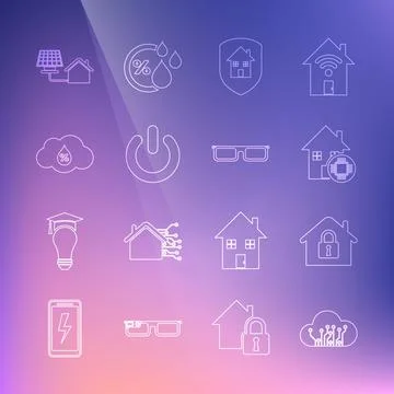Set line Internet of things, House under protection, Smart home, Power button Stock Illustration