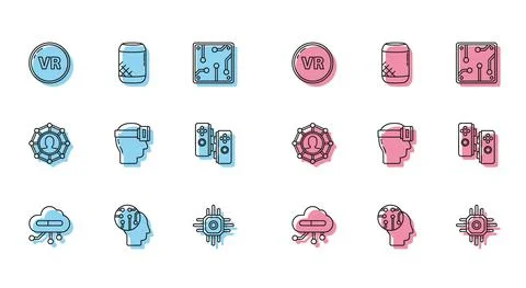 Set line Internet of things, Human brain as digital circuit board, Virtual 스톡 일러스트