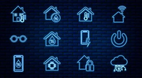 Set line Internet of things, Power button, House temperature, humidity, Glasses Stock Illustration