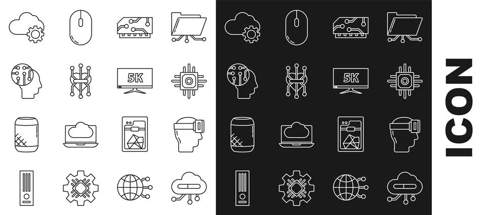 Set line Internet of things, Processor, RAM, random access memory, Human brain Illustrazione stock