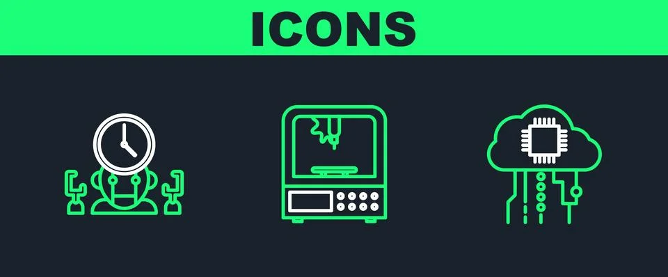 Set line Internet of things, Robot and digital time manager and 3D printer .. Stock Illustration