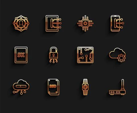 Set line Internet of things, SSD card, Project team base, Smartwatch, Router and Illustrazione stock