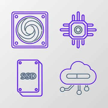 Set line Internet of things, SSD card, Processor and Computer cooler icon 库存插图