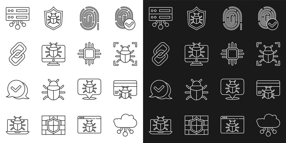 Set line Internet of things, System bug credit card, Fingerprint, on monitor 库存插图